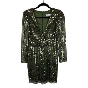 NEW Mac Duggal Green Fully Sequin Dress Size 4 Long Sleeve Mini Party Glitter